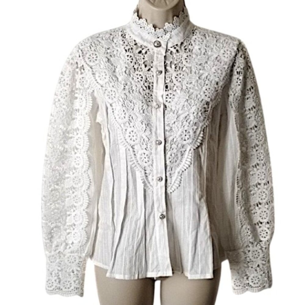 Victorian Lace Trim High Collar Puff Sleeve Button Down Blouse S White
